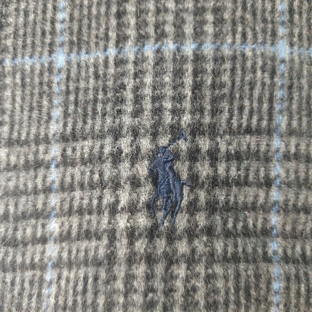 POLO Ralph Lauren Light Blue Black Gray Plaid Reversible Scarf Embroidered Logo - Picture 6 of 7